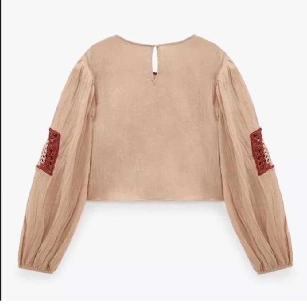 Zara Boho Bohemian Crochet Detail Top Tan Beige linen blend L - Picture 4 of 14